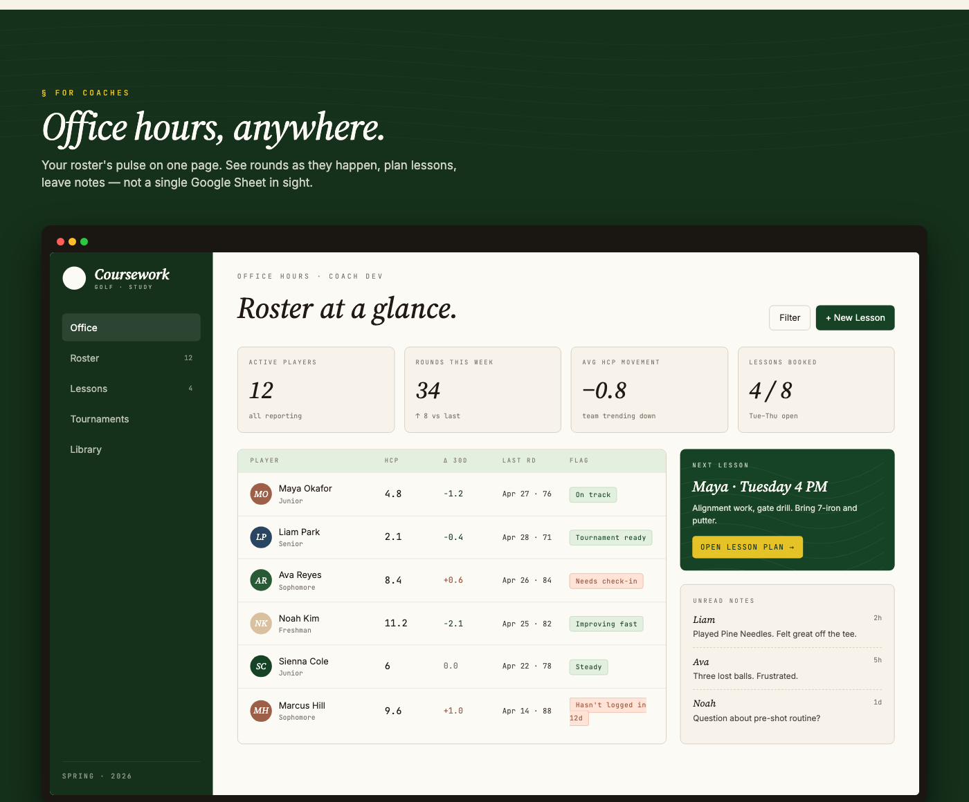 Coursework coach view: roster at a glance with player progress, notes, and lesson scheduling