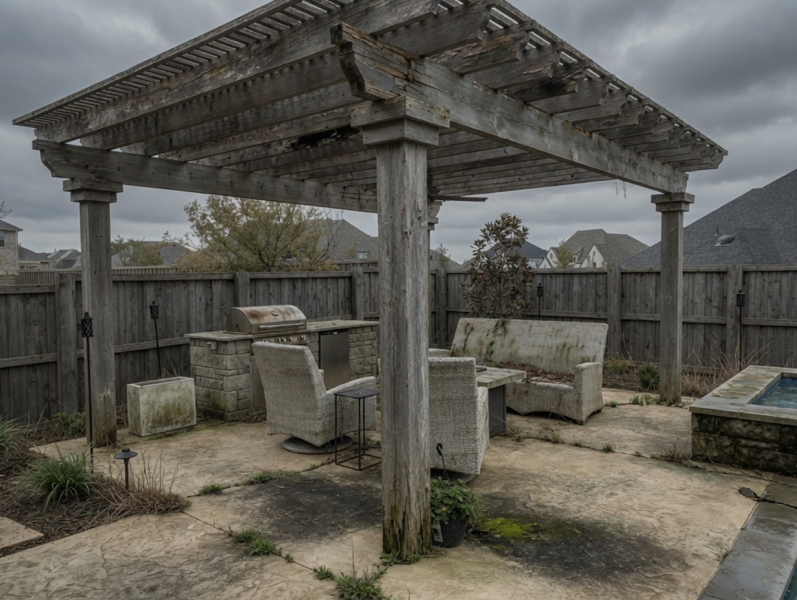 Weathered gray cedar arbor before restoration