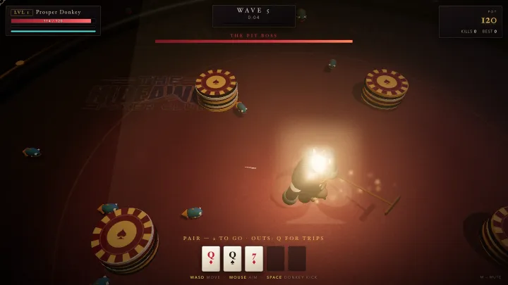 The Poker Club: on a dark red felt between towering chip-stack pillars, the Pit Boss swings his rake while the donkey's hand shows a pair of queens