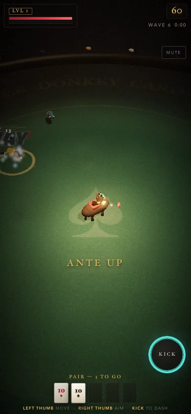 The game on a phone in portrait: the donkey on the felt, a thumb kick button, and two tens in hand
