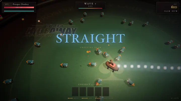 A straight goes off: the word STRAIGHT over the table as a sweeping beam fires from the donkey into a ring of enemies