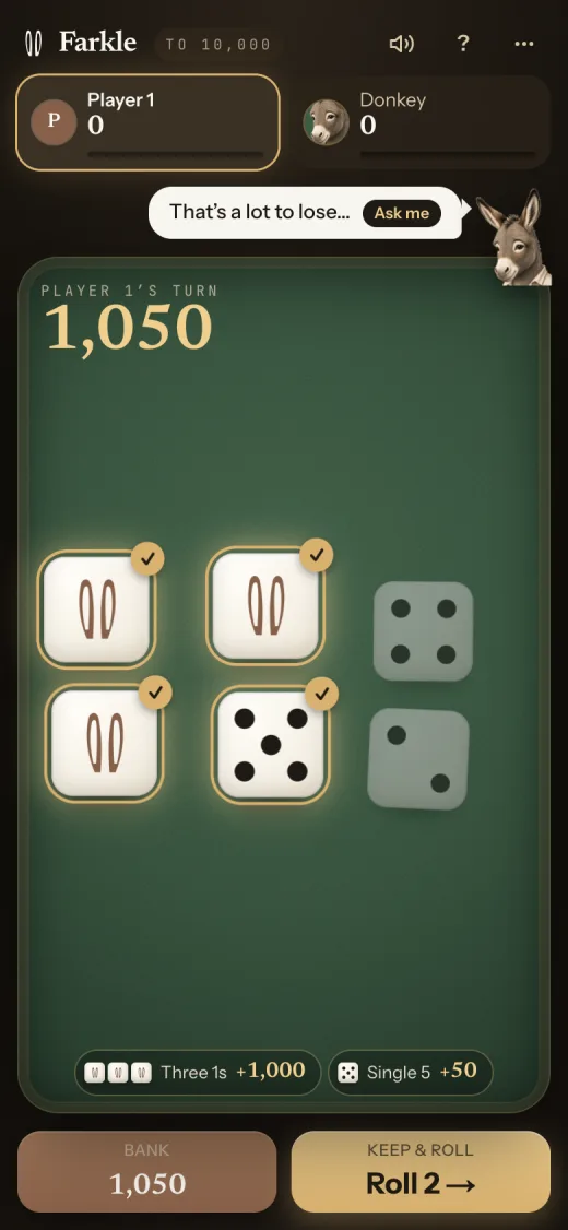 Three 1s and a 5 kept for 1,050 while the Donkey warns: That's a lot to lose