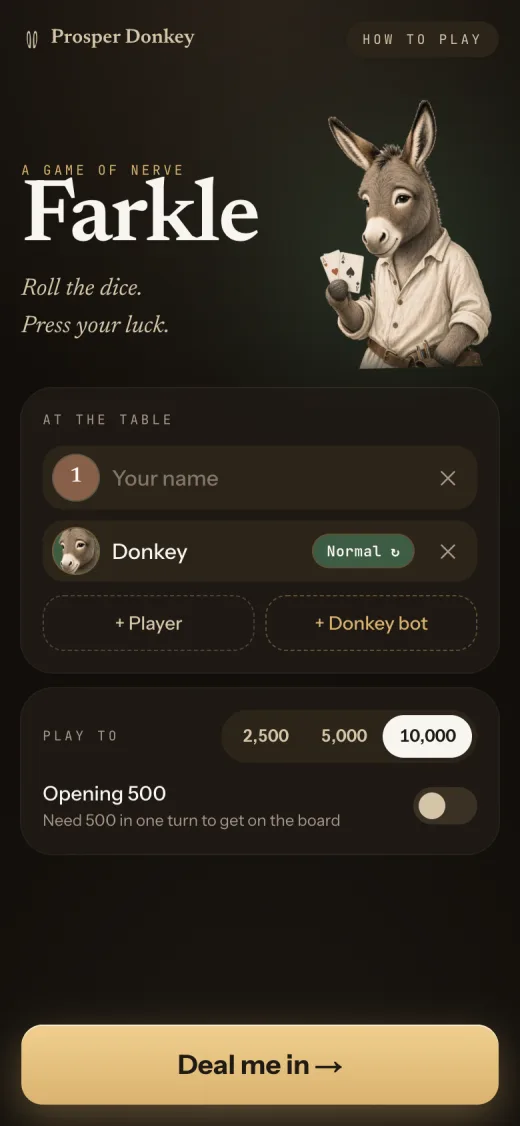 The table setup: your seat, the Donkey bot on Normal, add players or bots, and play to 2,500, 5,000 or 10,000