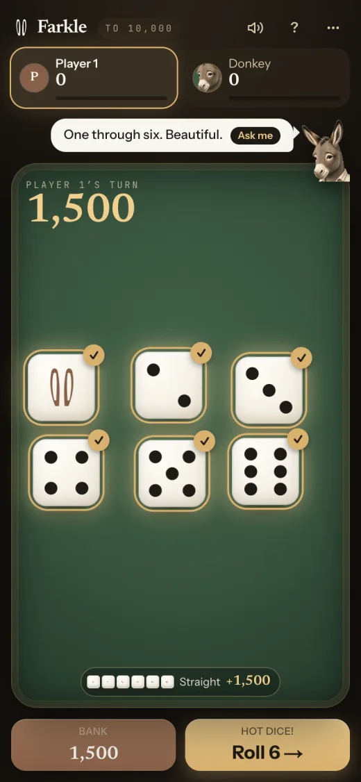 A straight on the felt: all six dice kept, Straight plus 1,500, and Hot dice! Roll 6