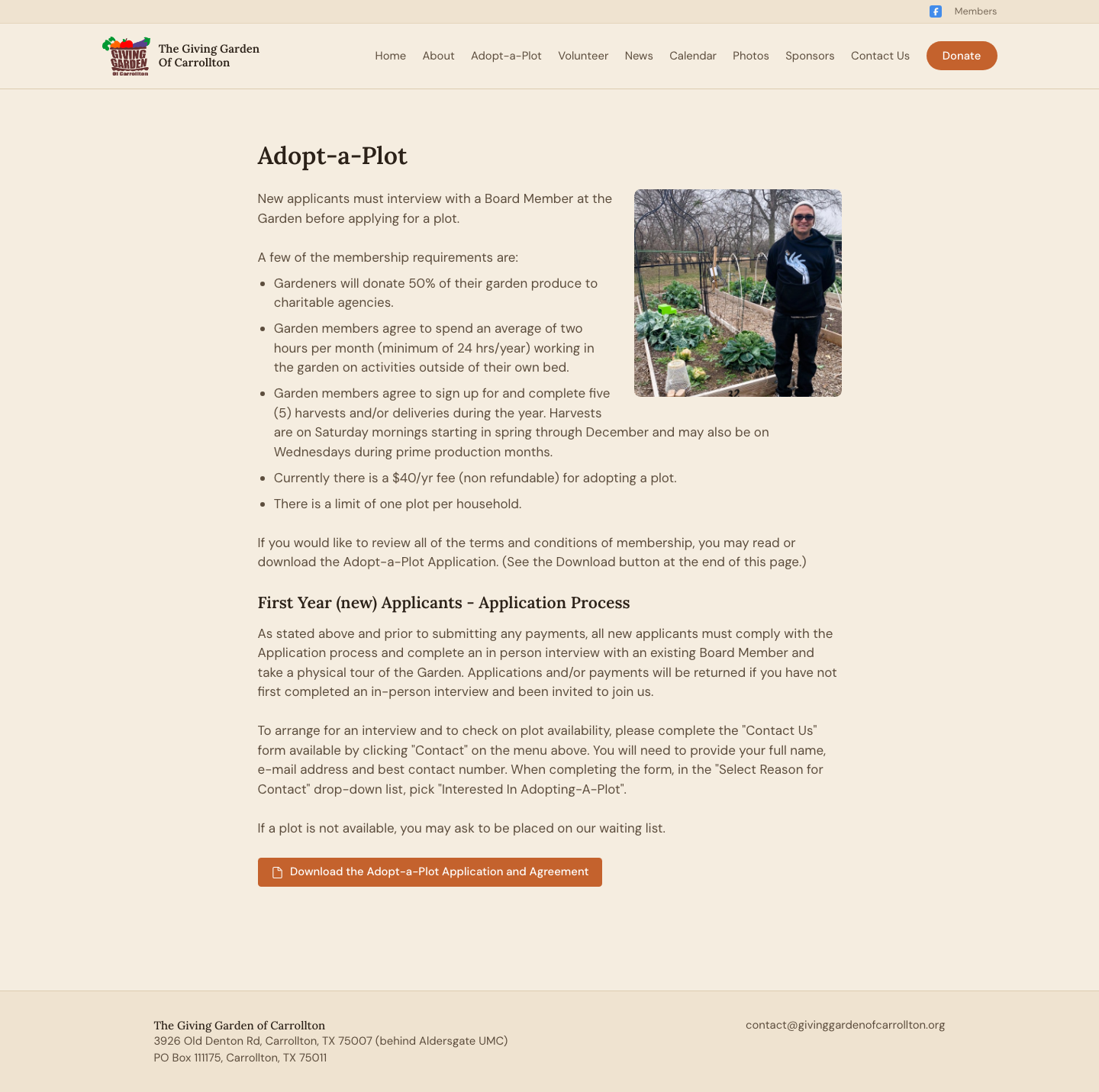 New Adopt-a-Plot page with a hero image, clear membership requirements, and a download button for the application