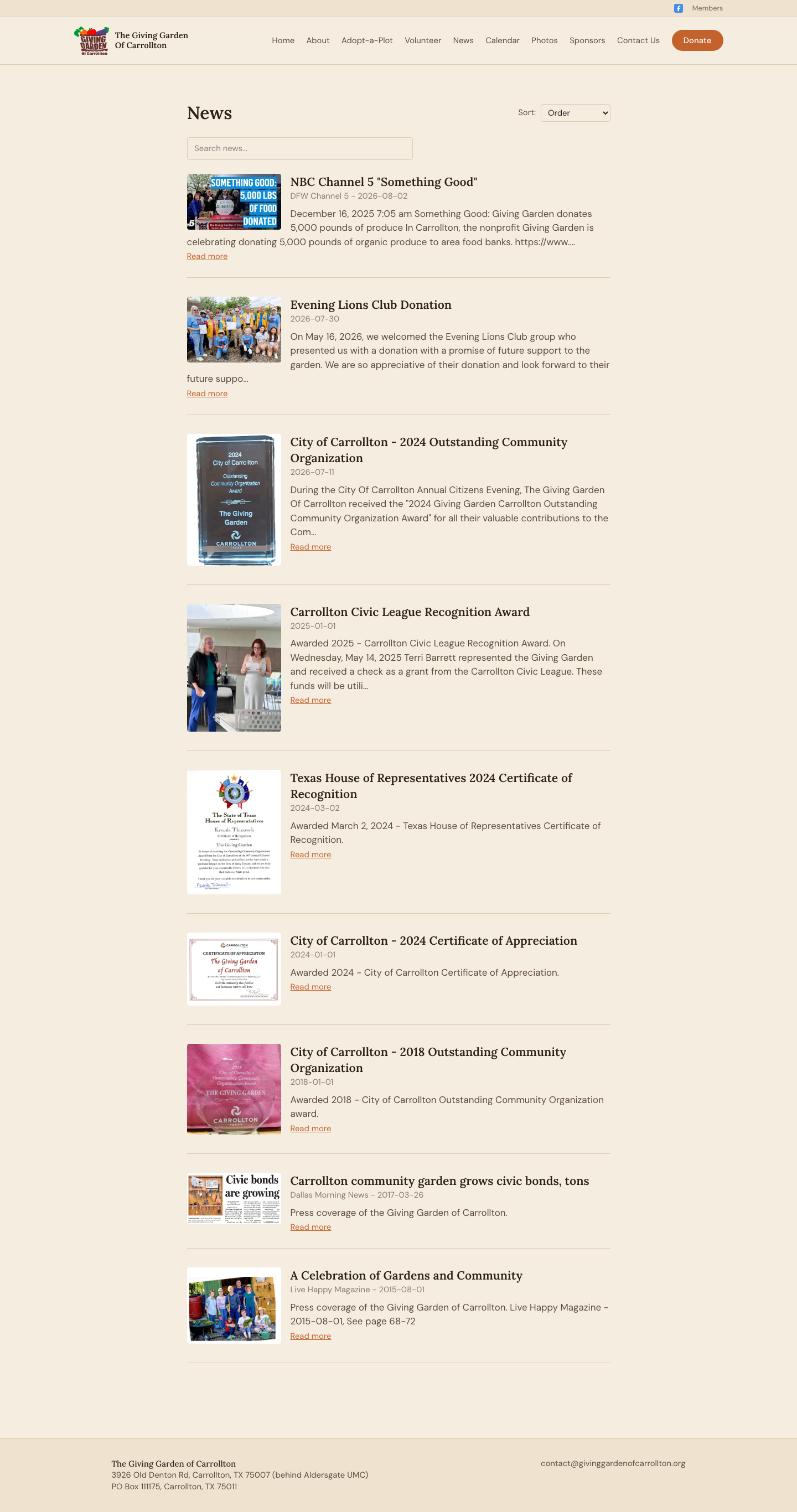 New News page with cover images, sortable list, and search