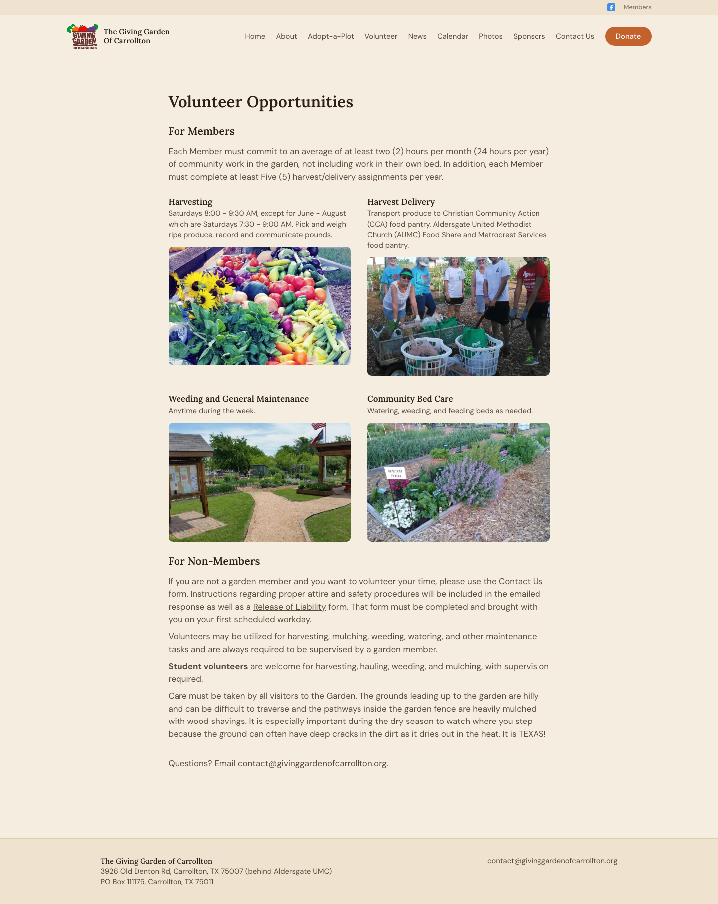 New Volunteer Opportunities page with a photo grid of harvesting, delivery, and bed-care activities