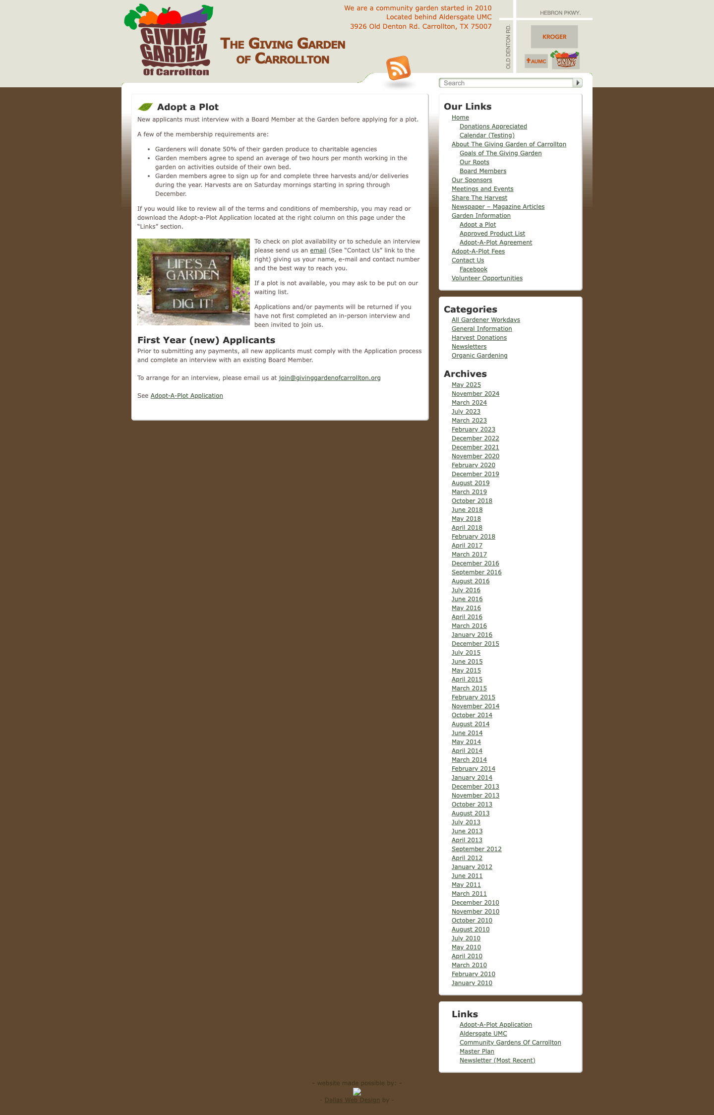 Old Adopt-a-Plot page, plain WordPress page with dense unstyled text