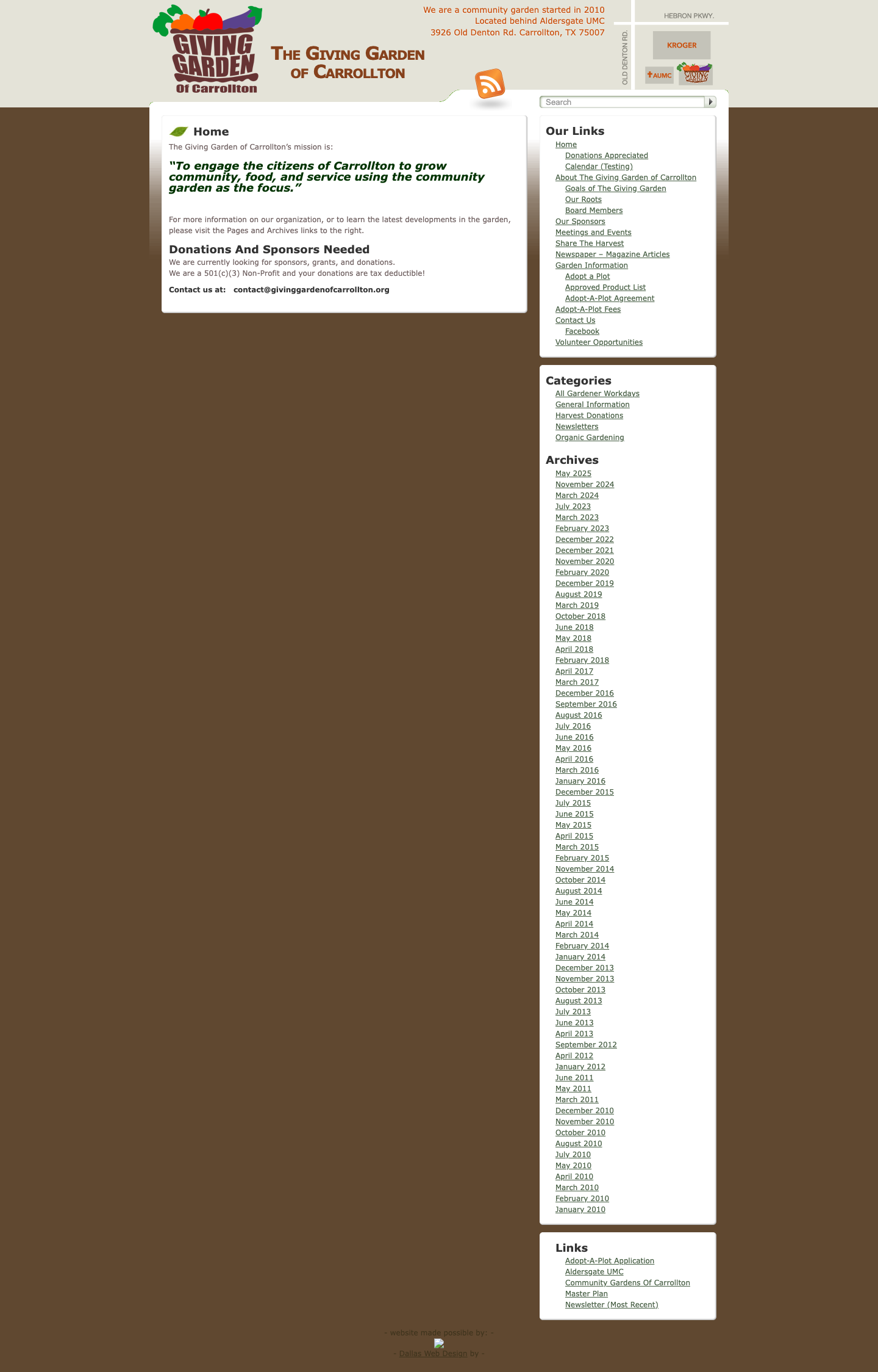 Old Giving Garden of Carrollton homepage: a default WordPress blog theme with a sidebar of archive links dating back to 2010