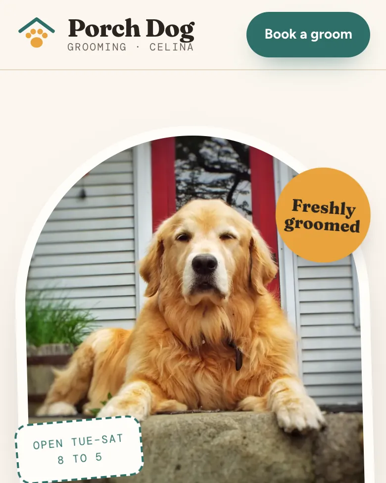 Porch Dog Grooming demo site on a phone