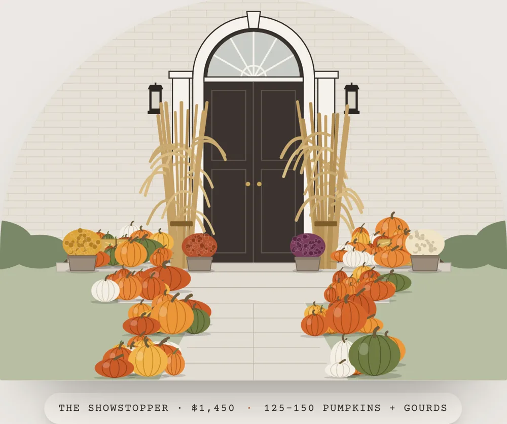 Prosper Porch Co.'s porch builder: the Showstopper package fills an illustrated front porch with pumpkins, mums and cornstalks